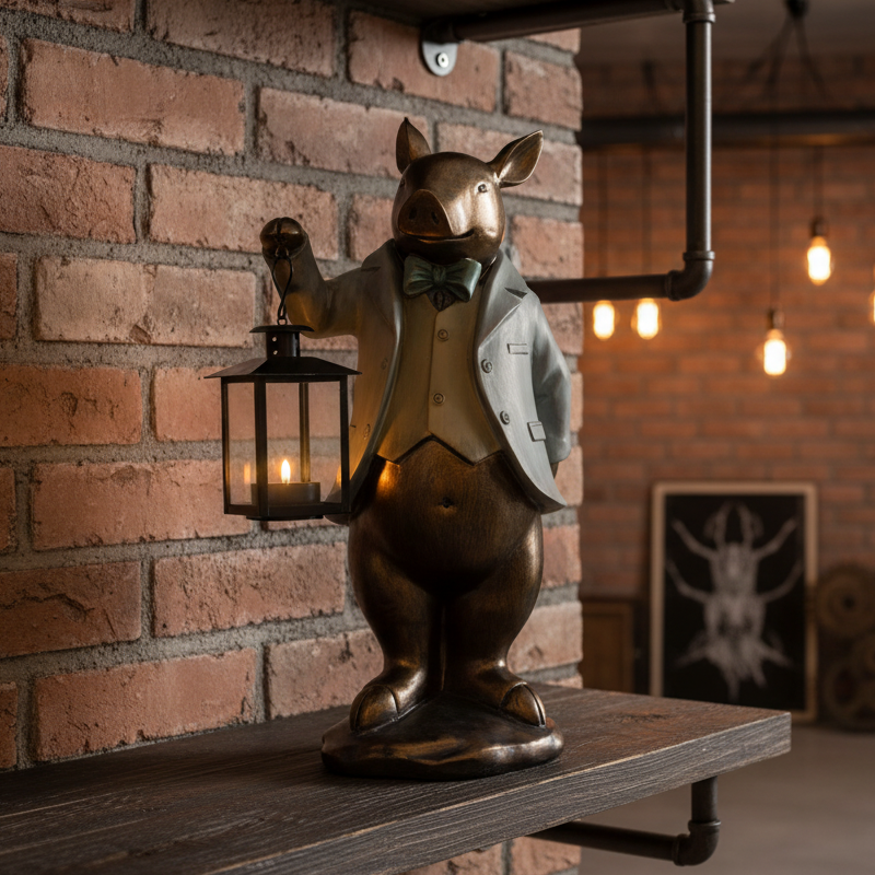 Decorative statue of a pig in a suit holding a lantern against a brick wall.