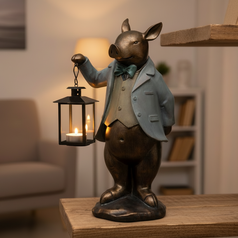 Decorative figurine of a pig in a suit holding a lantern on a wooden surface.