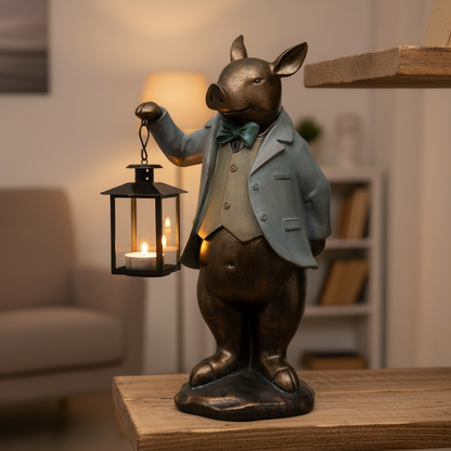 Decorative figurine of a pig in a suit holding a lantern on a wooden surface.