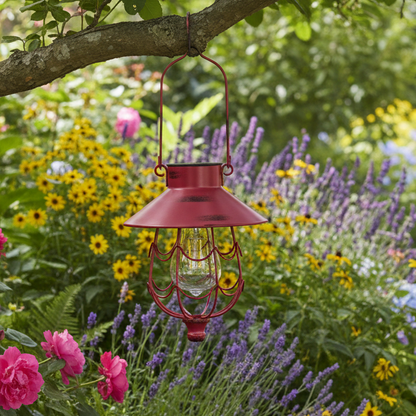 Coral Pink Solar Metal Hanging Lantern