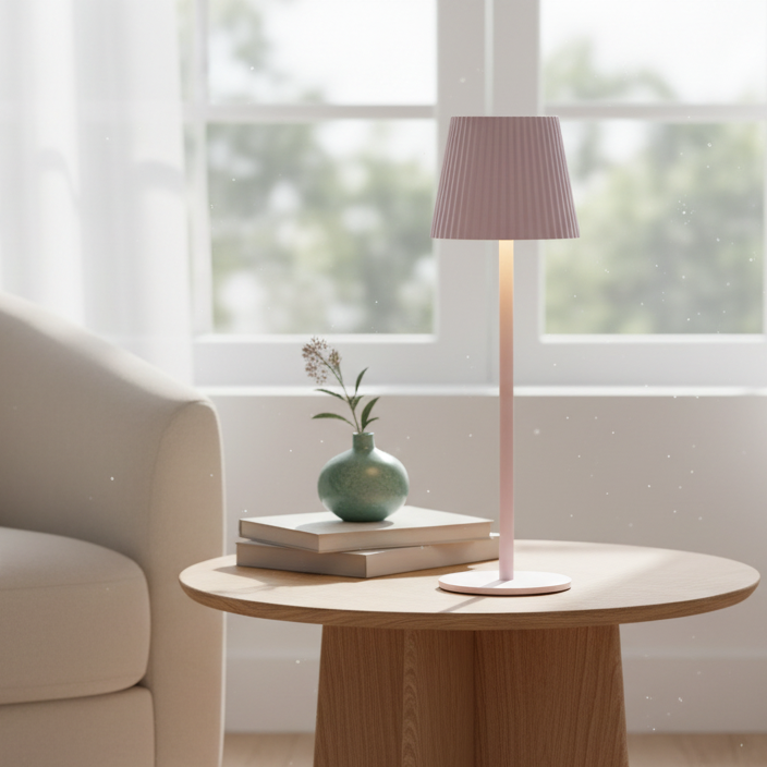 Round wooden table with a lamp, books, and a vase in a bright living room.