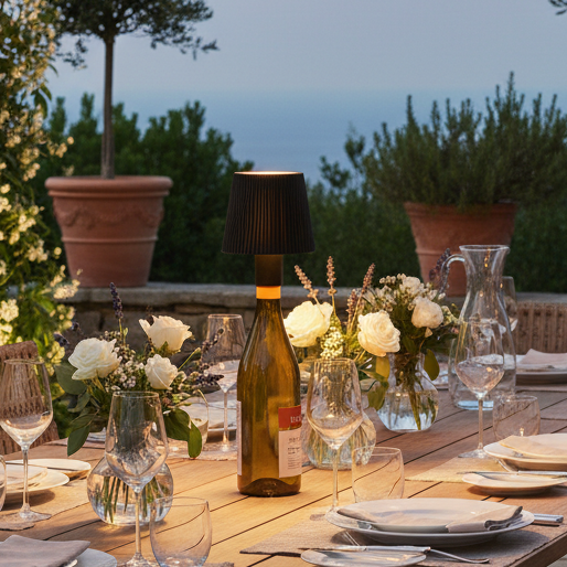 Dining table set for a meal with wine bottles, glasses, and flowers outdoors.
