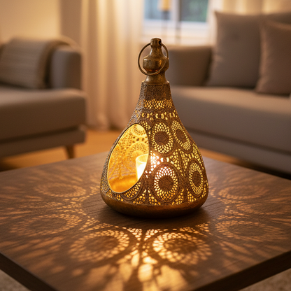 Decorative lantern casting shadows on a table in a living room setting