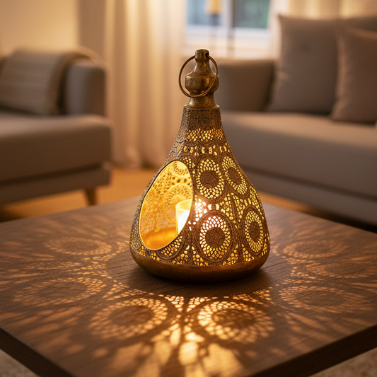Decorative lantern casting shadows on a table in a living room setting