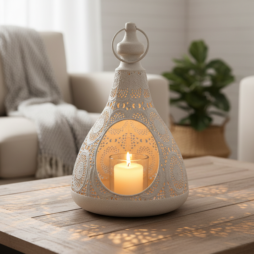 Ornate White Metal Tea Light Lantern
