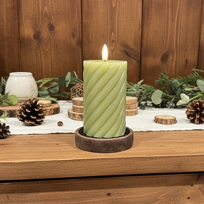 Green LED Wick Twisted Wax Candle with Melted Top 17.3cm x 7.5cm