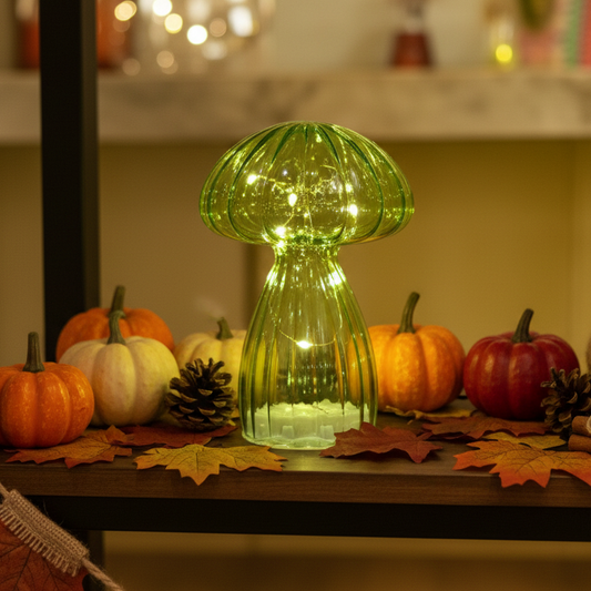 Micro LED Green Glass Mushroom Decoration 16.5cm