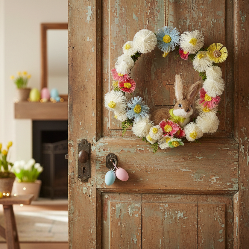 Decorative Spring Easter Wreath with Rabbit