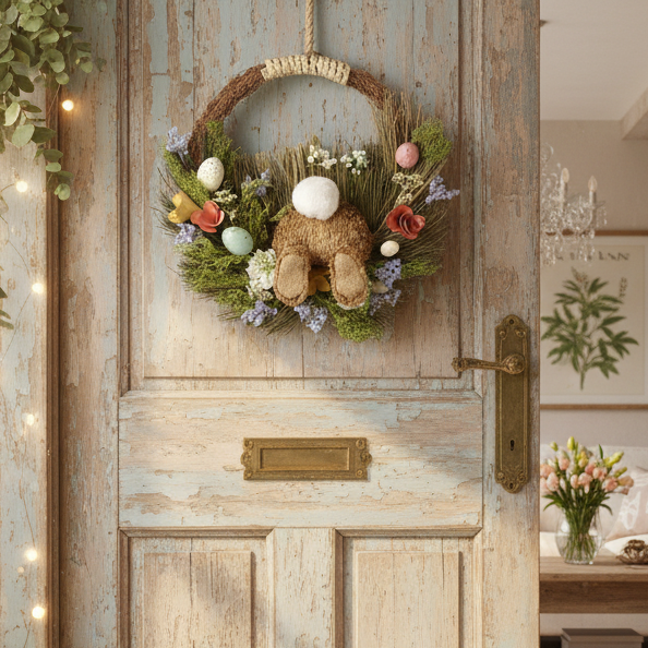 Decorative wreath with a teddy bear and Easter eggs on a wooden door.