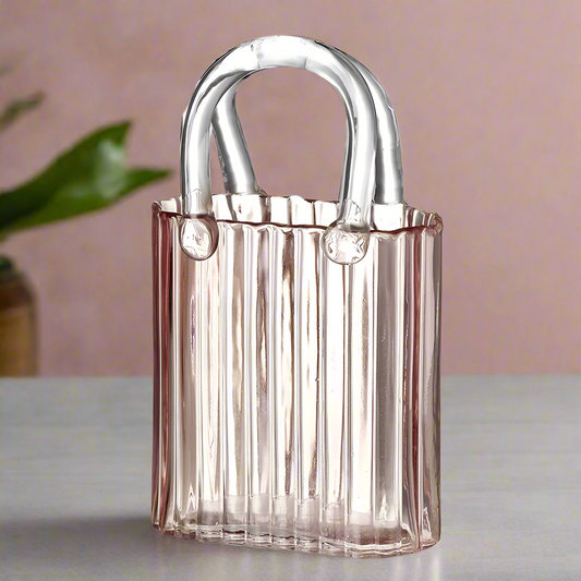 Pink Ribbed Glass Hand Bag Vase