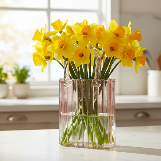 Pink Ribbed Glass Hand Bag Vase