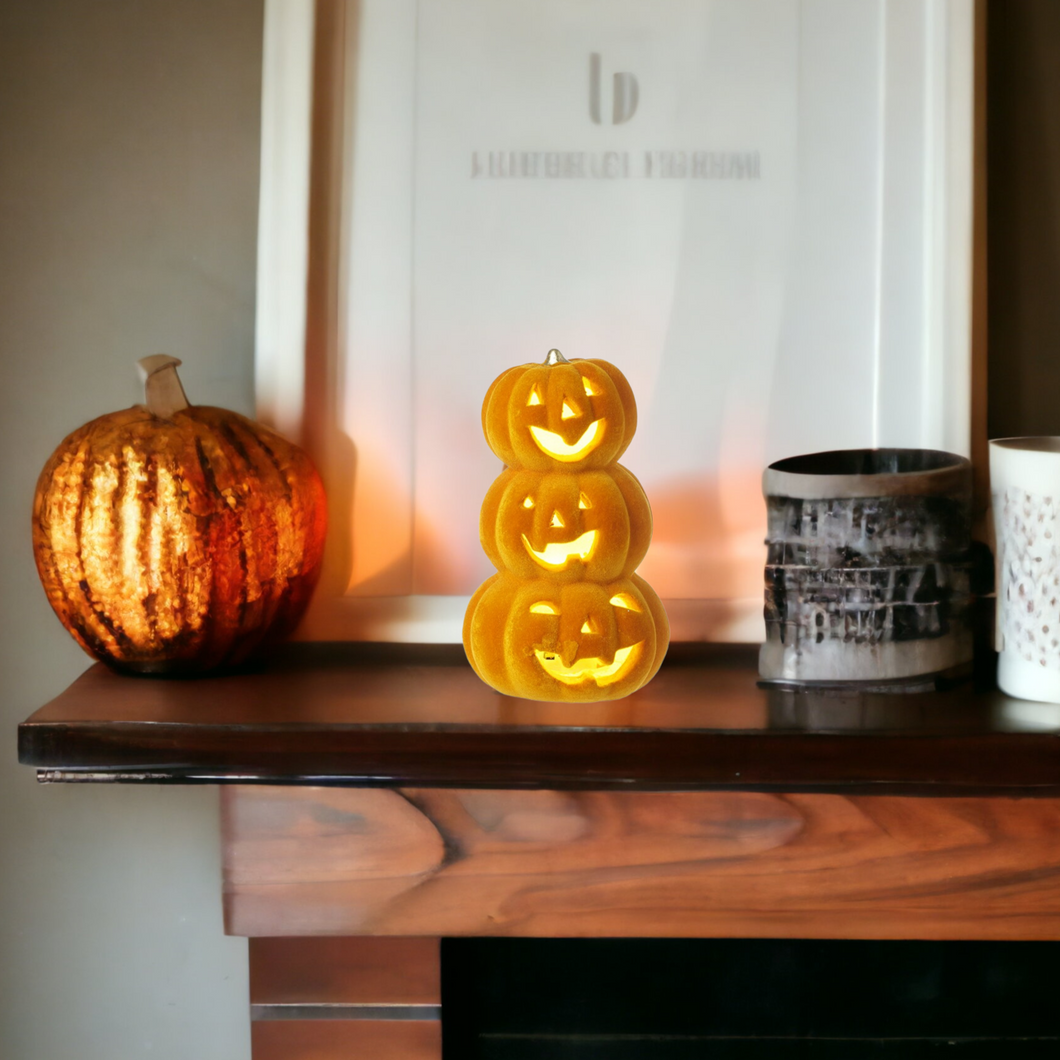 Light up Ceramic Trio of Halloween Pumpkins Stack