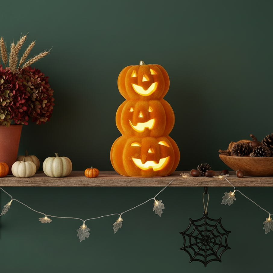 Light up Ceramic Trio of Halloween Pumpkins Stack