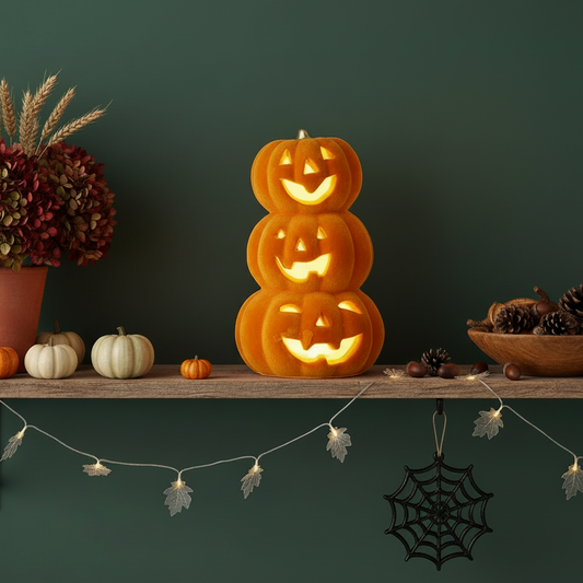 Light up Ceramic Trio of Halloween Pumpkins Stack