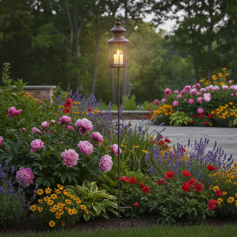 A black metal garden candle holder stake with a lantern on top.
