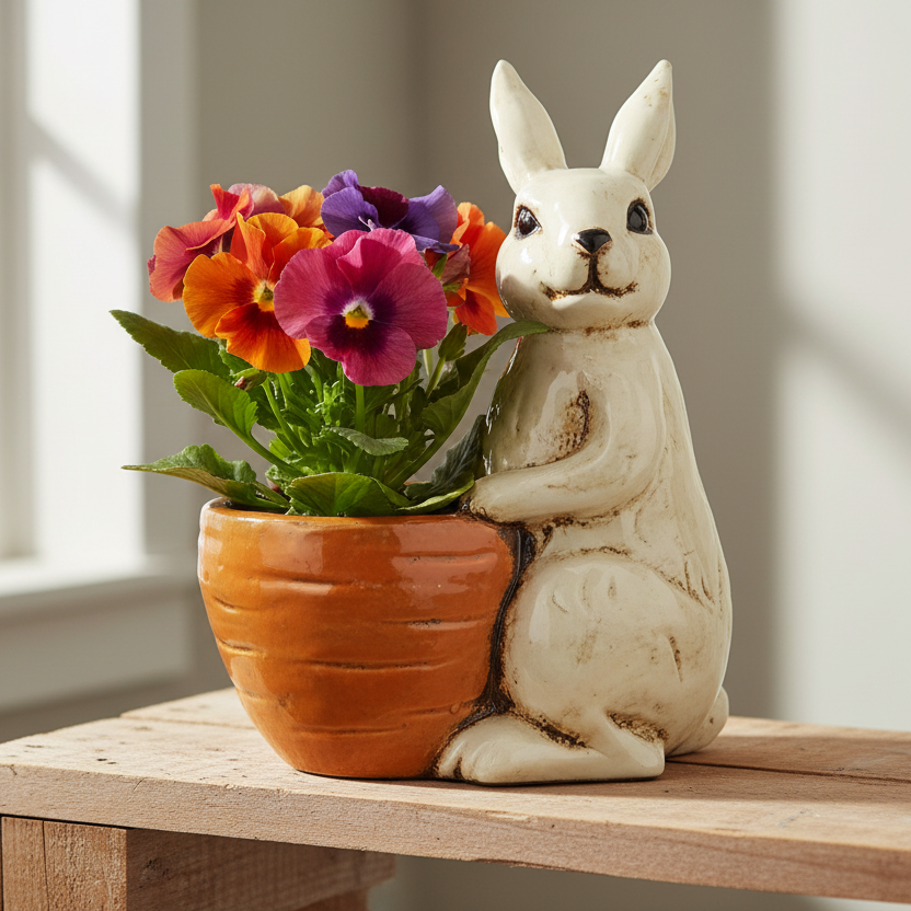 Pottery Bunny with Carrot Plant Pot