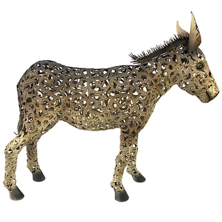 Decorative metal donkey sculpture on a white background