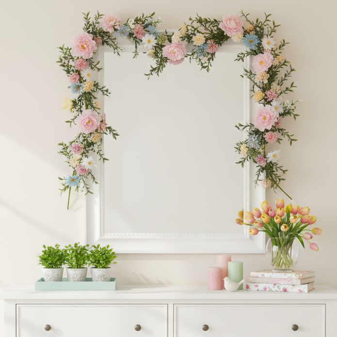 Decorative mirror with floral frame above a white dresser with plants and books.