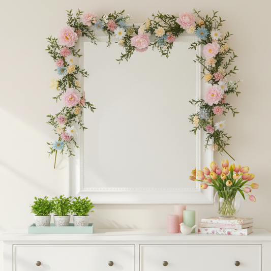 Decorative mirror with floral frame above a white dresser with plants and books.