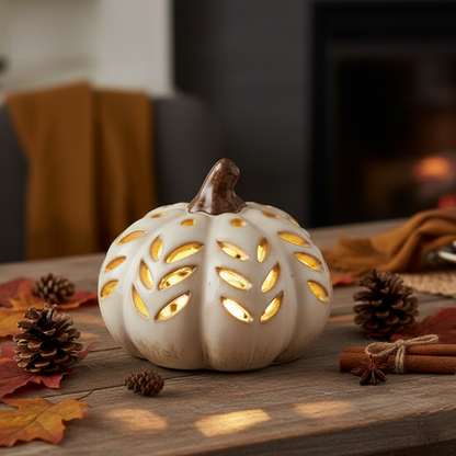 Cream Ceramic Cut Out LED Lit Pumpkin