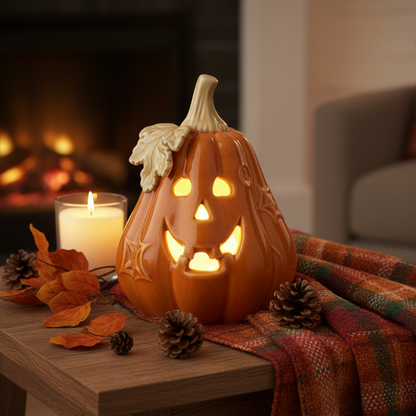 Orange Ceramic Cut Out LED Lit Ghost Pumpkin