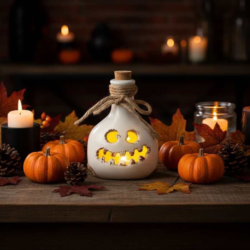 A white ceramic Halloween bottle candle with a cork stopper, wrapped with twine, featuring a distressed yellow jack-o'-lantern face on the front.