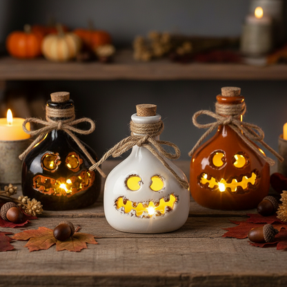 Three Halloween jack-o'-lantern glass bottle candle holders with cork stoppers, twine bows, and glowing internal candles, arranged on a rustic wooden surface with autumn leaves, acorns, and blurred pumpkins in the background.