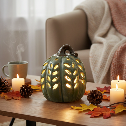 Green Ceramic LED Lit Cut Out Design Pumpkin
