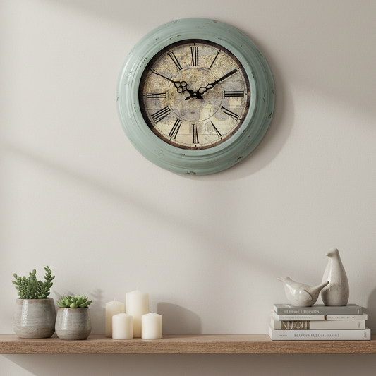 Vintage-style wall clock on a wall above a wooden shelf with decorative items.