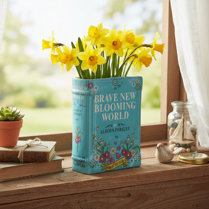 Blue book-shaped vase with yellow flowers on a wooden surface