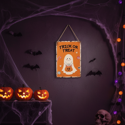A Halloween wall hanging sign featuring a cartoon ghost holding a jack-o'-lantern with the words 'TRICK OR TREAT' above it. The sign is displayed on a dark purple wall surrounded by spooky decorations including carved pumpkins, cobwebs, black bats, and orange string lights.