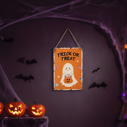 A Halloween wall hanging sign featuring a cartoon ghost holding a jack-o'-lantern with the words 'TRICK OR TREAT' above it. The sign is displayed on a dark purple wall surrounded by spooky decorations including carved pumpkins, cobwebs, black bats, and orange string lights.