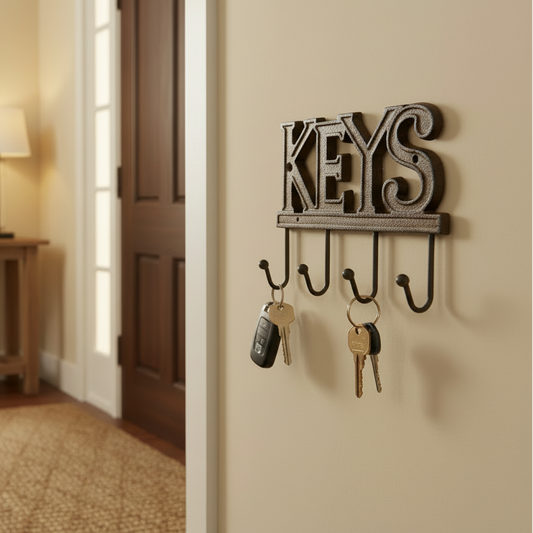 Key holder with 'KEYS' on a wall next to a door