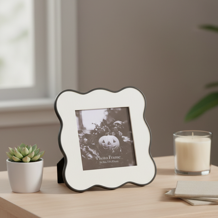 A scalloped wavy photo frame with a white center and black border, standing on a light wood table next to a small potted succulent, a candle, and a notebook.