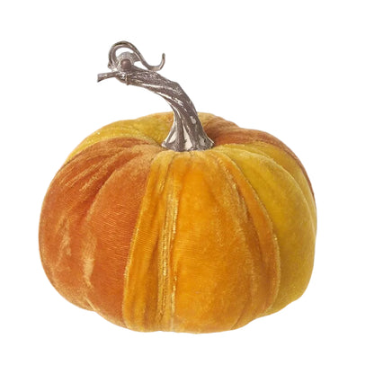 An orange velvet pumpkin decoration with a metallic stem, likely intended for Halloween or autumn decoration purposes.
