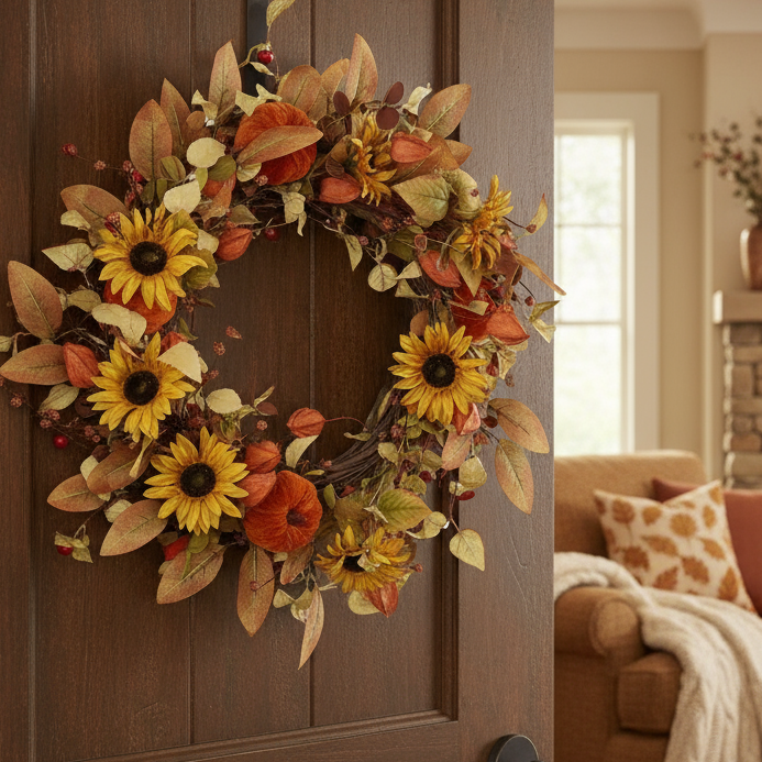 Autumn Foliage Wreath with Pumpkins