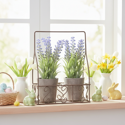 Decorative setup with potted lavender, Easter eggs, and bunnies on a windowsill.