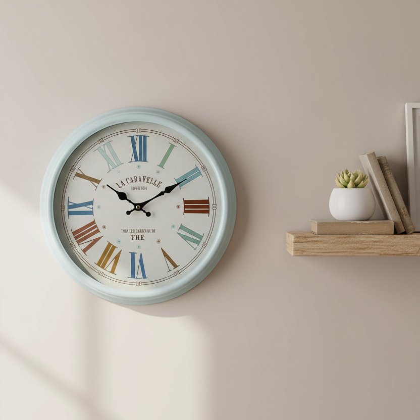 Decorative wall clock with colorful Roman numerals on a beige wall, next to a wooden shelf with books and a plant.