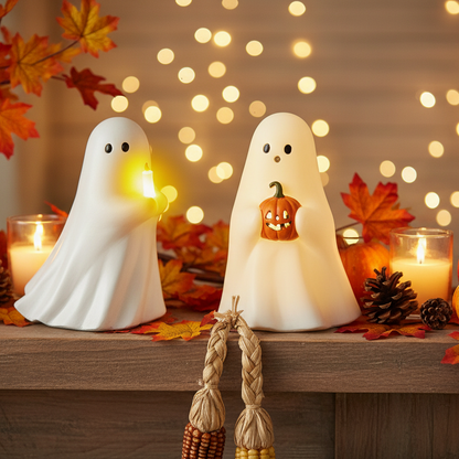 Two white ghost-shaped night lights holding glowing candles and a small jack-o'-lantern, displayed on a wooden surface with autumn leaves, pinecones, and warm string lights in the background.