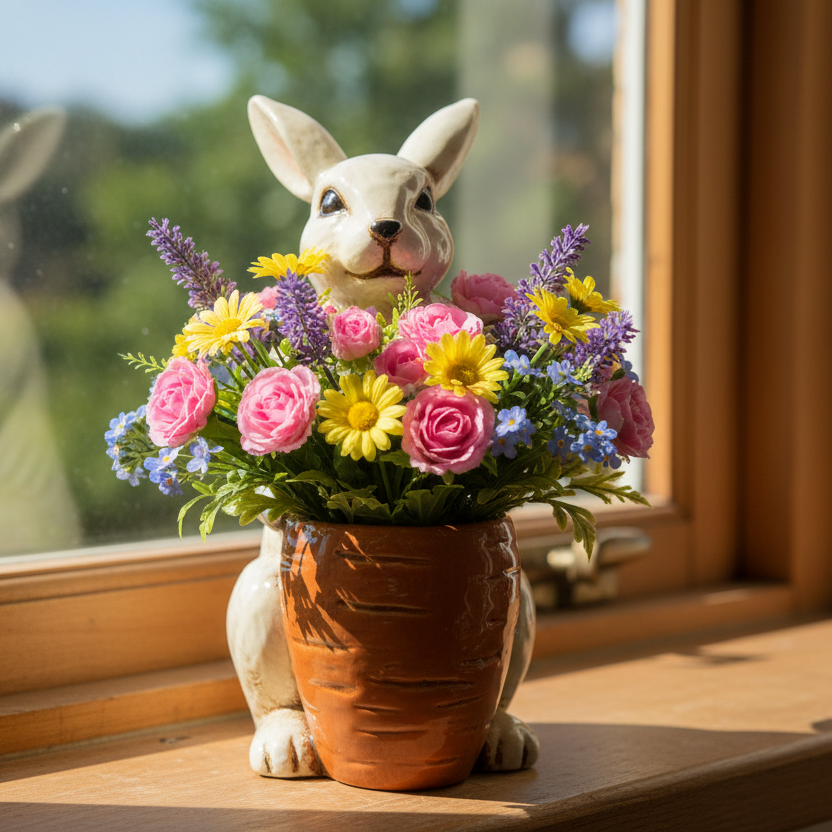 Tall Bunny with Carrot Design Pot