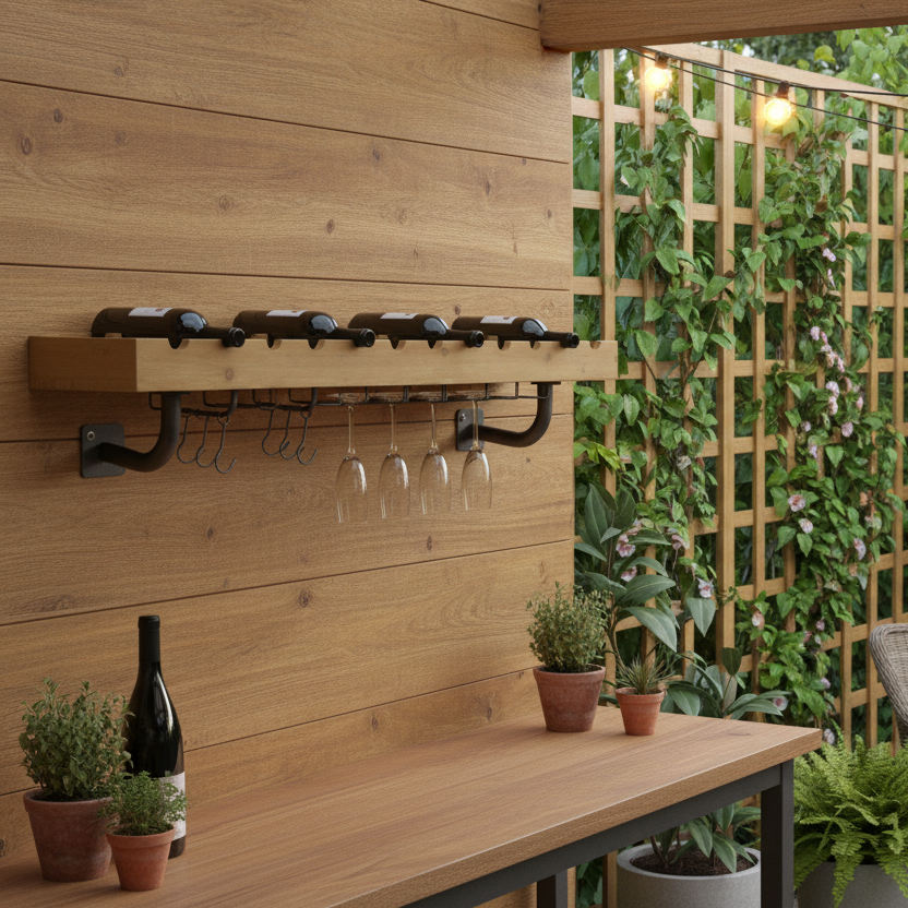 Outdoor setting with a wooden wall-mounted wine rack, bottles, and glasses on a wooden table.