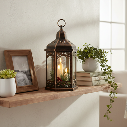 Hexagonal Lantern with Candles and Foliage