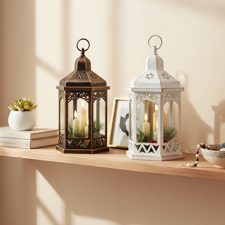 Hexagonal Lantern with Candles and Foliage