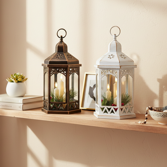 Hexagonal Lantern with Candles and Foliage