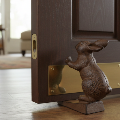 Decorative rabbit door stopper on a wooden door