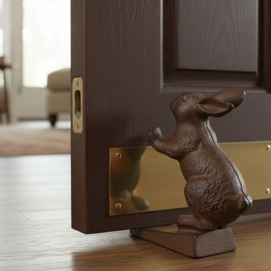 Decorative rabbit door stopper on a wooden door
