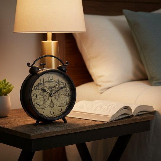Vintage-style alarm clock on a bedside table with a book and lamp in the background