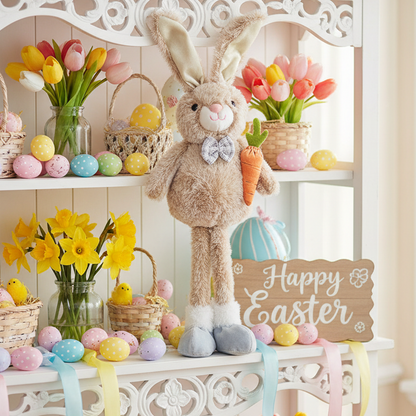 Easter-themed display with plush bunny, eggs, tulips, and 'Happy Easter' sign.