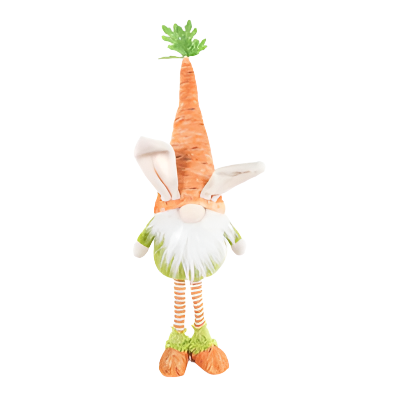 A decorative Easter Gonk with a carrot-shaped hat and white and green attire, standing upright.
