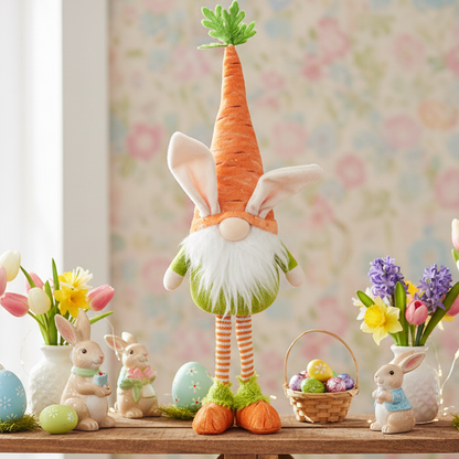 Easter-themed gnome with carrot hat on a table with Easter decorations.